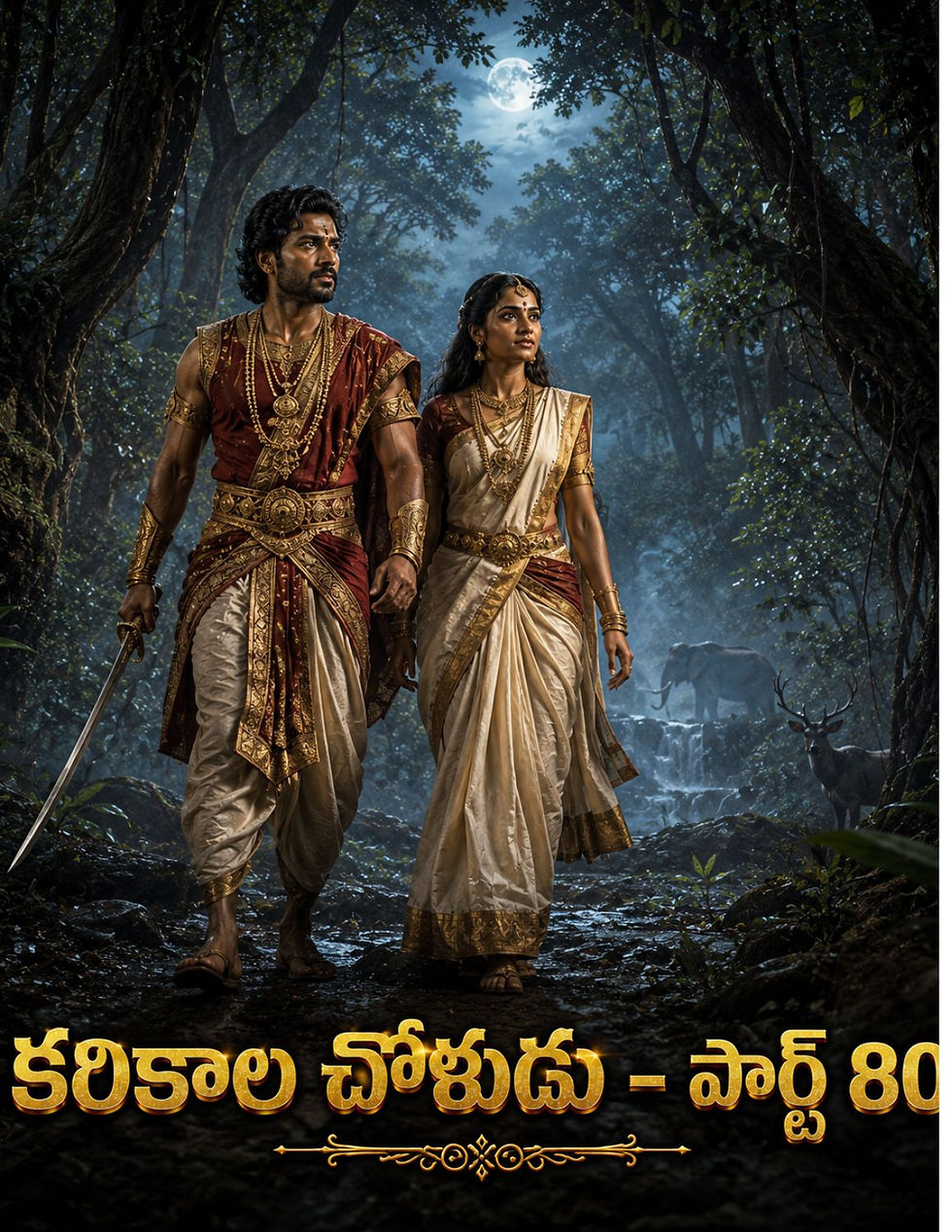 చంద్రకాంతి వెలుగులో దట్టమైన అడవిలో కరికాల చోళుడు కత్తితో ముందుకు నడుస్తుండగా, ధైర్యంగా అతని పక్కన యానై క్కట్చి అడుగులు వేస్తూ కనిపిస్తున్న చారిత్రక సాహస దృశ్యం. నేపథ్యంలో అడవి జంతువుల నీడలు, పొగమంచు కమ్ముకున్న వాతావరణం, ధైర్యం, నమ్మకం మరియు సాహసయాత్రను ప్రతిబింబించే పోస్టర్.