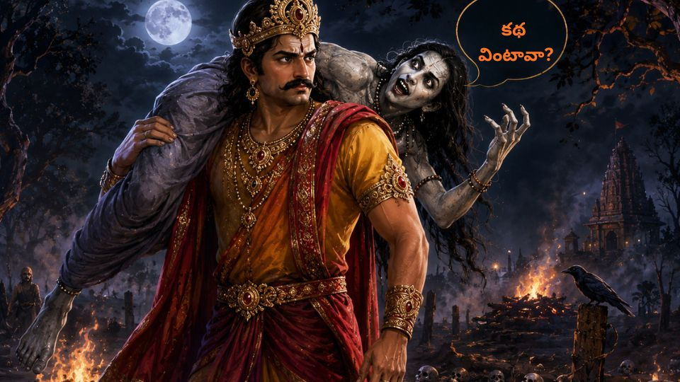 విక్రమార్కుడు భుజాన శవాన్ని మోస్తూ స్మశానంలో నడుస్తుండగా, శవంలోని బేతాళుడు కథ చెబుతున్న  దృశ్యం.