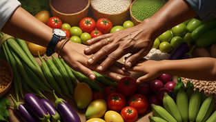 పండ్లు, కూరగాయలు, ధాన్యాలతో ఆరోగ్యకరమైన ఆహారం మరియు వ్యవసాయ నేపథ్యం