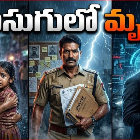 వర్షపు రాత్రిలో పోలీస్ స్టేషన్ ముందు తన కుమార్తెను కౌగిలించుకుని నిలబడ్డ భయపడిన మహిళ, దర్యాప్తుకు సిద్ధంగా ఉన్న పోలీస్ అధికారి, చీకటిలో దాగిన సైబర్ నేరస్థుడి ప్రతిరూపంతో కూడిన 'ముసుగులో మృగం' తెలుగు క్రైమ్ థ్రిల్లర్ చిత్రం.