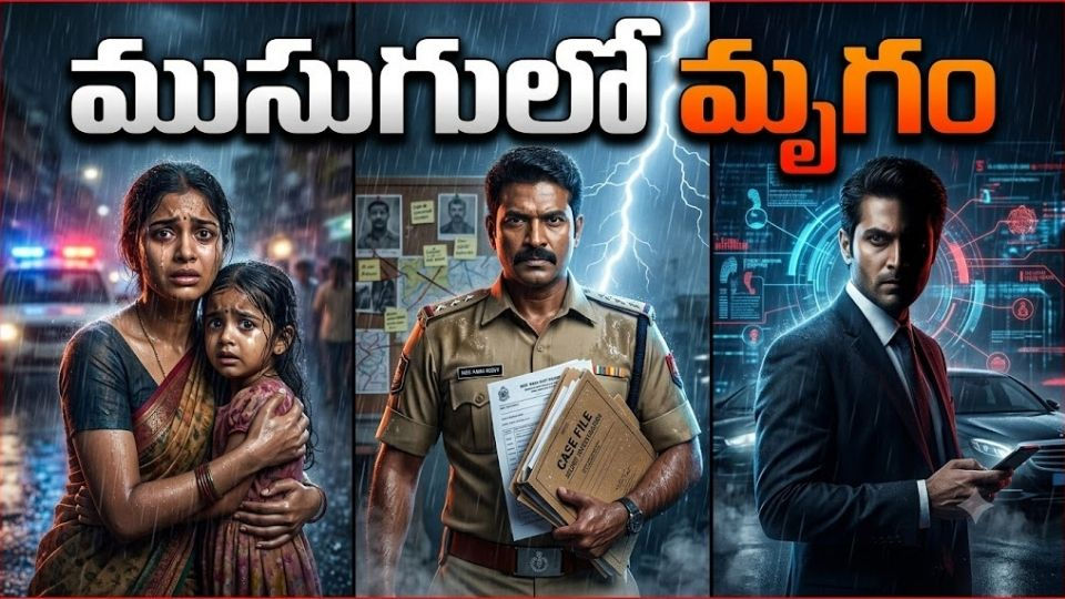 వర్షపు రాత్రిలో పోలీస్ స్టేషన్ ముందు తన కుమార్తెను కౌగిలించుకుని నిలబడ్డ భయపడిన మహిళ, దర్యాప్తుకు సిద్ధంగా ఉన్న పోలీస్ అధికారి, చీకటిలో దాగిన సైబర్ నేరస్థుడి ప్రతిరూపంతో కూడిన 'ముసుగులో మృగం' తెలుగు క్రైమ్ థ్రిల్లర్ చిత్రం.