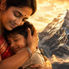పిల్లలను ప్రేమగా హత్తుకున్న తల్లి, వెనుక ఎవరెస్టు పర్వతం, భావోద్వేగ తెలుగు కవితా వాతావరణం