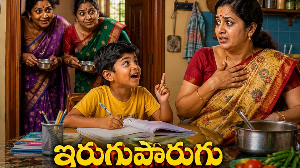 హోంవర్క్ చేస్తూ అమాయకంగా ఇంటి రహస్యాలు బయటపెడుతున్న టింకూ, ఆశ్చర్యపోయిన తాయారు మరియు పక్కింటి మహిళలతో కూడిన హాస్యభరిత కుటుంబ దృశ్యం.