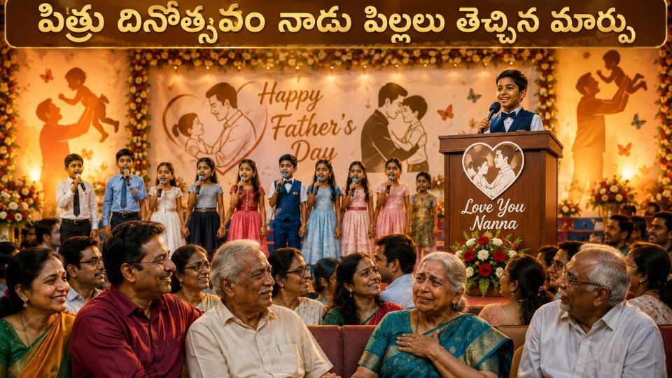 పిత్రు దినోత్సవం సందర్భంగా పాఠశాలలో పిల్లలు తండ్రి ప్రేమను గౌరవిస్తూ పాటలు పాడుతుండగా, తల్లిదండ్రులు భావోద్వేగంతో వీక్షిస్తున్న కుటుంబ ఐక్యత, వృద్ధుల గౌరవం, ప్రేమ, అనుబంధాన్ని ప్రతిబింబించే దృశ్యం.