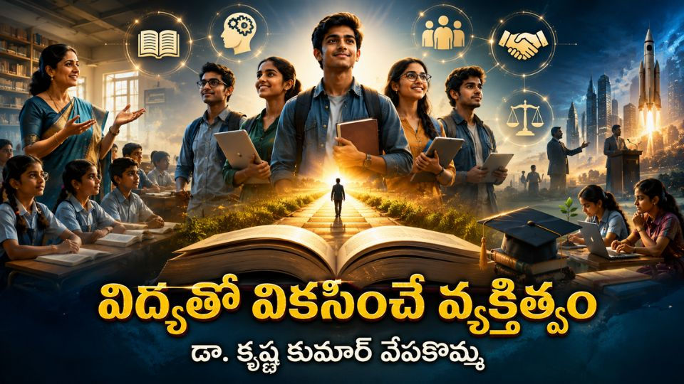 పుస్తకాలు, పట్టాభిషేక టోపీ, విద్యార్థులు, నైపుణ్యాల చిహ్నాలు మరియు నైతిక విలువలను సూచించే ప్రతీకలతో వ్యక్తిత్వ వికాసాన్ని ప్రతిబింబించే విద్యా దృశ్యం.