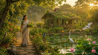 పచ్చని చెట్లు, తామర కొలను, పక్షులు, గుడిసెతో కళకళలాడుతున్న వసంత వనం మధ్య నడుస్తున్న ప్రకృతి ప్రేమికురాలు.