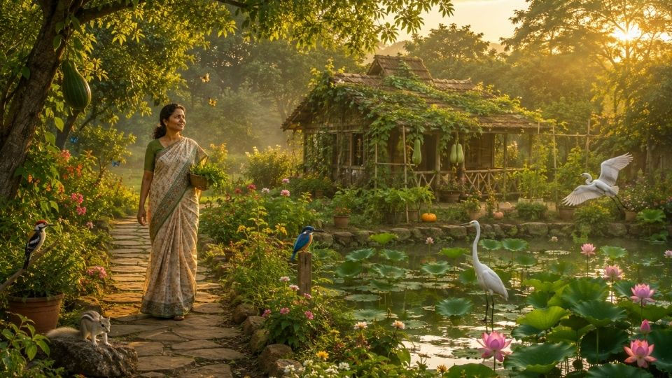 పచ్చని చెట్లు, తామర కొలను, పక్షులు, గుడిసెతో కళకళలాడుతున్న వసంత వనం మధ్య నడుస్తున్న ప్రకృతి ప్రేమికురాలు.