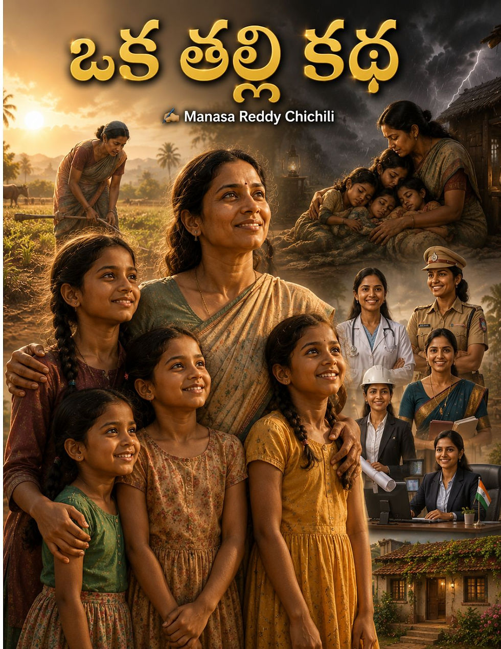 www.manatelugukathalu.com లో ప్రచురింపబడ్డ ఒక తల్లి కథ కథలో ఐదుగురు కూతుళ్లను కష్టపడి పెంచి ఉన్నత స్థాయికి చేర్చిన తల్లి లక్ష్మి జీవిత పోరాటాన్ని ప్రతిబింబించే భావోద్వేగ దృశ్యం.