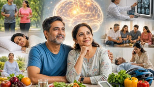 మెదడు ఆరోగ్యం కోసం ఆరోగ్యకరమైన జీవనశైలి, వ్యాయామం, నిద్ర మరియు వైద్య అవగాహనను సూచించే చిత్రం