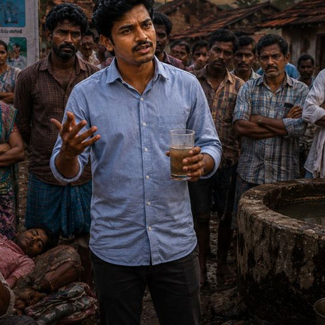 కలుషిత నీటి ప్రమాదం గురించి గ్రామస్థులకు అవగాహన కల్పిస్తున్న యువకుడు రాము – అరణ్యరోదన తెలుగు నీతి కథ సన్నివేశం