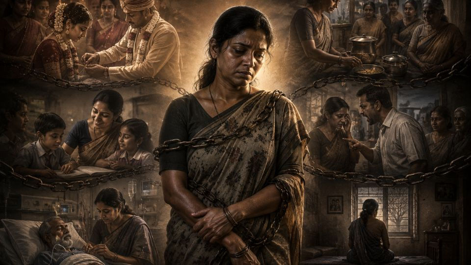 జీవిత బాధల మధ్య మౌనంగా నిలుచున్న మహిళ
