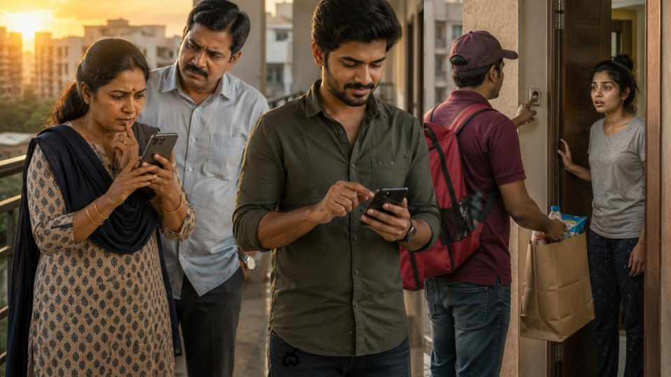ఒంటరిగా ఉన్న కూతురిని సంప్రదించలేక ఆందోళన చెందుతున్న తల్లిదండ్రులు, డెలివరీ యాప్ సహాయంతో ఇంటి బెల్ మోగించి ఆమె క్షేమాన్ని నిర్ధారించిన కుమారుడు కనిపించే భావోద్వేగ కుటుంబ దృశ్యం. కుటుంబ బంధాలు, తల్లి ప్రేమ, సాంకేతికత సద్వినియోగం, అత్యవసర పరిస్థితుల్లో తెలివైన పరిష్కారాన్ని ప్రతిబింబించే ప్రతీకాత్మక చిత్రం.