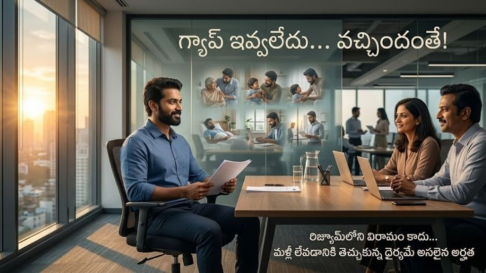 ఉద్యోగ ఇంటర్వ్యూలో రిజ్యూమ్లోని క్యారియర్ గ్యాప్ను ధైర్యంగా ఎదుర్కొంటున్న అభ్యర్థి – జీవిత పోరాటం తర్వాత కొత్త ఆరంభానికి సిద్ధమైన స్ఫూర్తిదాయక దృశ్యం.