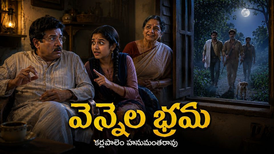 వెన్నెల భ్రమ కథకు సంబంధించిన చిత్రం – గ్రామీణ ఇంటిలో భయంతో కిటికీ వైపు చూస్తున్న రామనాథం, రహస్య కథ చెబుతున్న వెన్నెల, ప్రశాంతంగా ఉన్న జానకమ్మ, బయట మసక చీకటిలో వేటగాళ్లు మరియు ఒక చిన్న కుక్క కనిపిస్తూ భయం, భ్రమ, వాస్తవం మధ్య ఉన్న వ్యత్యాసాన్ని చూపిస్తున్న దృశ్యం.
