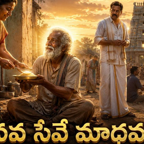 మానవ సేవే మాధవ సేవ కథకు సంబంధించిన చిత్రం – లక్ష్మమ్మ ఆకలితో ఉన్న వృద్ధుడికి అన్నం పెడుతుండగా, దైవిక కాంతిలో నిజమైన భక్తి సందేశం ప్రతిబింబిస్తున్న దృశ్యం.