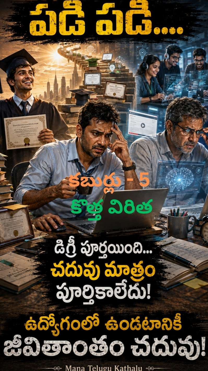 “పడి పడి…” అనే తెలుగు వ్యంగ్య రచనకు సంబంధించిన చిత్రం. ఒకే వ్యక్తి జీవితంలోని మూడు దశలను చూపిస్తుంది: ఎడమవైపు డిగ్రీ సర్టిఫికెట్తో ఆనందంగా ఉన్న యువ గ్రాడ్యుయేట్, మధ్యలో ఆన్లైన్ కోర్సులు మరియు సర్టిఫికెట్లతో కొత్త నైపుణ్యాలు నేర్చుకుంటున్న మధ్యవయస్కుడైన ఉద్యోగి, కుడివైపు ఆధునిక టెక్నాలజీని నేర్చుకోవడానికి ప్రయత్నిస్తున్న అనుభవజ్ఞుడైన ఉద్యోగి. వీరి వెనుక డిగ్రీ, ఉద్యోగం, నైపుణ్యాలు, కోర్సులు, సర్టిఫికెట్లు, కొత్త టెక్నాలజీలను సూచించే అంతులేని మెట్ల దారి కనిపిస్తుంది. చిత్రం ఉద్యోగం పొందిన తర్వాత కూడా నిరంతరం నేర్చుకోవాల్సిన ఆధునిక కెరీర్ జీవితాన్ని ప్రతిబింబిస్తుంది.