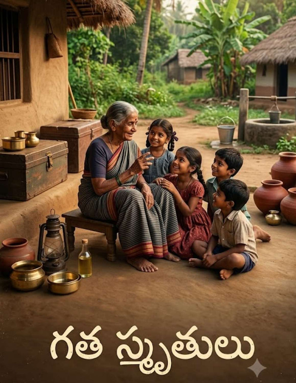 www.manatelugukathalu.com లో ప్రచురింపబడ్డ 'గత స్మృతులు' కథలో పల్లెటూరి ఇంటి ముంగిట బామ్మ చుట్టూ చేరిన పిల్లలు, పాతకాలపు తెలుగు కుటుంబ జీవనాన్ని ప్రతిబింబించే "గత స్మృతులు" ఆత్మకథ చిత్రం.