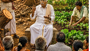 గ్రామ పంచాయితీలో ఒకవైపు చెట్టును నరికేసిన సోమయ్య, మరోవైపు తోటను తయారుచేసిన రామయ్య కనిపిస్తున్న భావోద్వేగ తెలుగు సామాజిక కథ పోస్టర్.