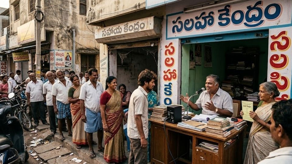 సలహా కేంద్రం ముందు పెద్ద క్యూ ఉండగా, పక్కనే ఖాళీగా ఉన్న సహాయ కేంద్రం ద్వారా ఉచిత సలహాలు ఎక్కువగా, నిజమైన సహాయం తక్కువగా ఉండే సమాజాన్ని వ్యంగ్యంగా చూపించే దృశ్యం.