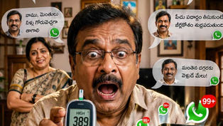 www.manatelugukathalu.com లో ప్రచురింపబడ్డ 'మధుమేహుడు @ వాట్సప్' కథలో గ్లూకోమీటర్లో అధిక చక్కెర స్థాయి కనిపించడంతో ఆశ్చర్యపోతున్న మధ్యవయస్కుడైన తెలుగు వ్యక్తి, చేతిలో మొబైల్ ఫోన్కు వరుసగా వస్తున్న వాట్సాప్ ఆరోగ్య సలహా సందేశాలు, నేపథ్యంలో నవ్వుతూ చూస్తున్న కుటుంబ సభ్యులతో హాస్యభరితంగా రూపొందించిన దృశ్యం.
