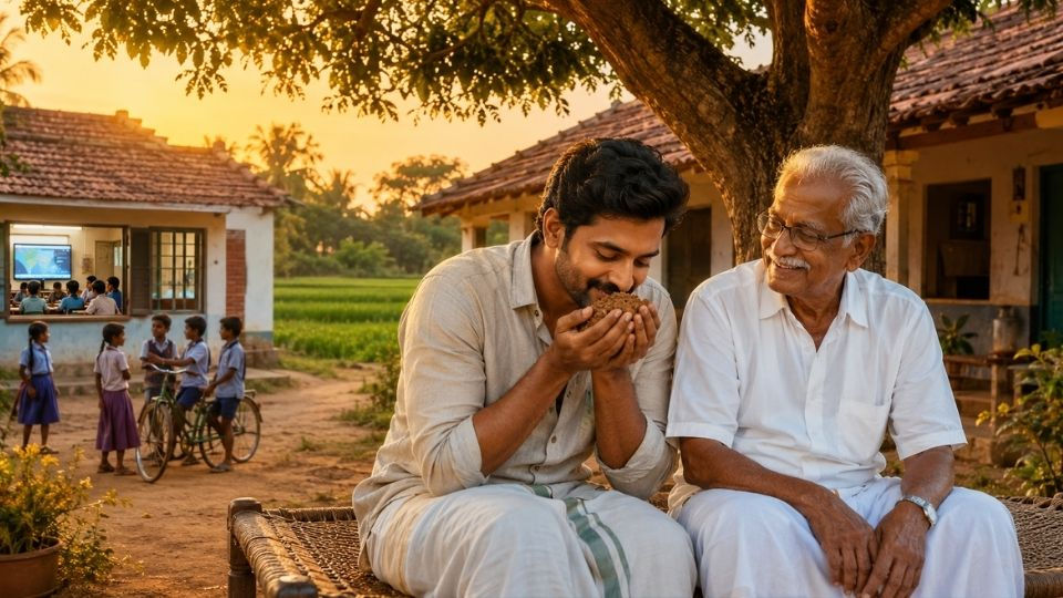 మట్టి వాసన తెలుగు కథలో రాఘవ తన తాతయ్య సత్యమూర్తి మాస్టర్తో గ్రామీణ పాఠశాల వద్ద