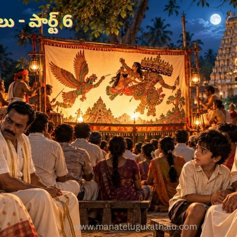 తోలు బొమ్మలు పార్ట్ 6 – మహాలక్షమ్మ గుడి వద్ద లంకాదహనం తోలుబొమ్మలాట చూస్తున్న చంద్రశేఖర్ కుటుంబం, సుశీలను గమనిస్తున్న ధనుంజయరావు.