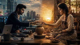 కెరీర్ మరియు ప్రేమ మధ్య సంఘర్షణను ప్రతిబింబిస్తూ, ఒకవైపు సాఫ్ట్వేర్ ఉద్యోగి ఆదిత్య, మరోవైపు మట్టి కళాకారిణి వెన్నెల, మధ్యలో మట్టి కుండపై చేతులు కలుపుకుంటున్న దృశ్యం