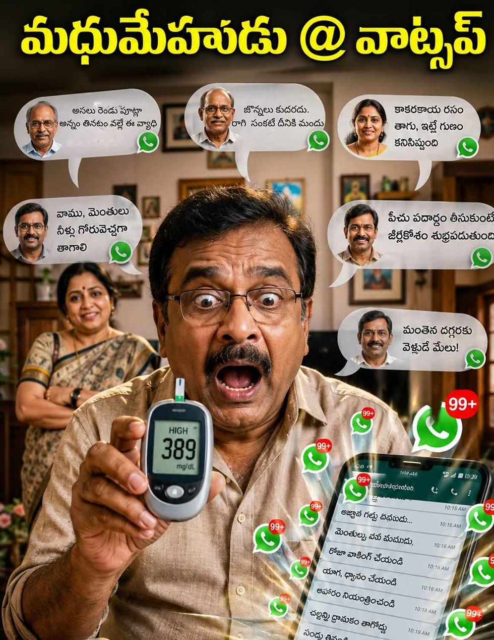 www.manatelugukathalu.com లో ప్రచురింపబడ్డ 'మధుమేహుడు @ వాట్సప్' కథలో గ్లూకోమీటర్లో అధిక చక్కెర స్థాయి కనిపించడంతో ఆశ్చర్యపోతున్న మధ్యవయస్కుడైన తెలుగు వ్యక్తి, చేతిలో మొబైల్ ఫోన్కు వరుసగా వస్తున్న వాట్సాప్ ఆరోగ్య సలహా సందేశాలు, నేపథ్యంలో నవ్వుతూ చూస్తున్న కుటుంబ సభ్యులతో హాస్యభరితంగా రూపొందించిన దృశ్యం.