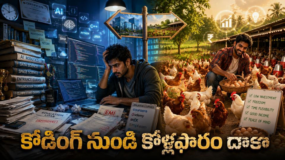 అలసటతో కంప్యూటర్ స్క్రీన్ల ముందు కూర్చున్న యువ సాఫ్ట్వేర్ ఇంజనీర్ ఒకవైపు కోడింగ్, AI, ఆన్లైన్ కోర్సులు, రుణాలు మరియు EMI ఒత్తిడిలో కనిపిస్తుండగా, మరోవైపు ప్రశాంతమైన కోళ్లఫారంలో కోళ్లను సంరక్షిస్తూ సంతోషంగా ఉన్న అదే వ్యక్తి