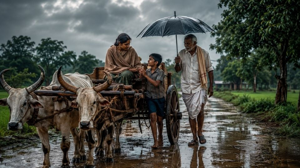 వర్షంలో ఎద్దుల బండిపై అనారోగ్యంతో ఉన్న తల్లిని ఆసుపత్రికి తీసుకెళ్తున్న రాము, గొడుగుతో తోడుగా నడుస్తున్న వెంకటయ్య – అన్నదానం పార్ట్ 2