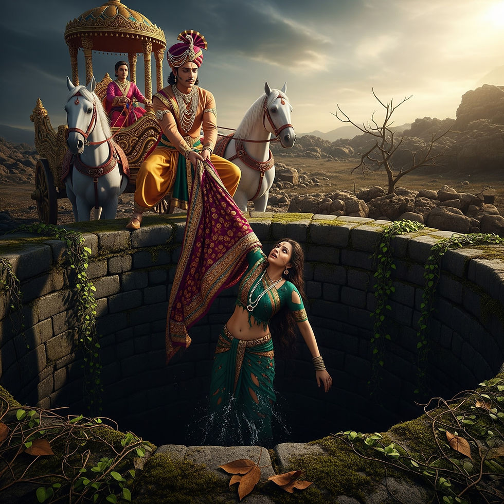 బావిలో పడిన దేవయానిని యయాతి రక్షిస్తున్న దృశ్యం