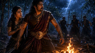 అడవిలో అగ్నికుండ దగ్గర కరికాల చోళుడు మరియు యానై క్కట్చి భావోద్వేగంగా మాట్లాడుతుండగా, దూరంలో ఆయుధాలతో శత్రువులు ప్రత్యక్షమవుతున్న దృశ్యం.