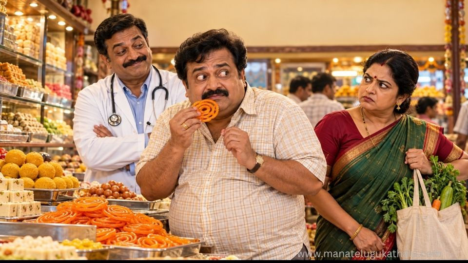 మీకు షుగర్ వచ్చింది తెలుగు హాస్య కథలో జిలేబీ తినబోతూ డాక్టర్ మరియు భార్యకు పట్టుబడిన రామారావు