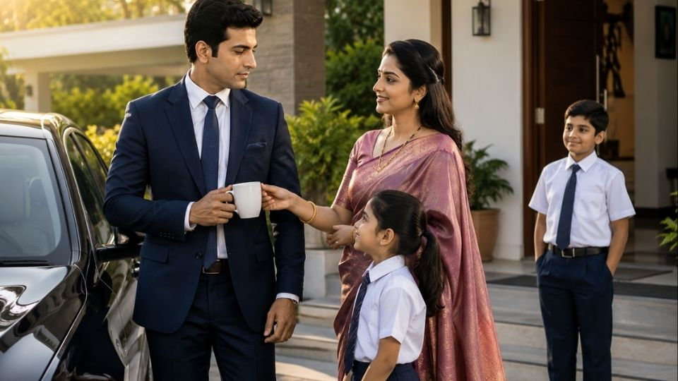 సుఖదేవ్ కార్యాలయానికి బయలుదేరే ముందు భార్య ప్రణవి కాఫీ అందిస్తూ, పిల్లలతో ప్రేమగా వీడ్కోలు చెప్పుతున్న దృశ్యం.