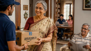 An elderly Telugu couple receiving multiple online shopping parcels at their apartment, symbolizing changing shopping habits and family life in the Telugu story "Parcel Parvam."