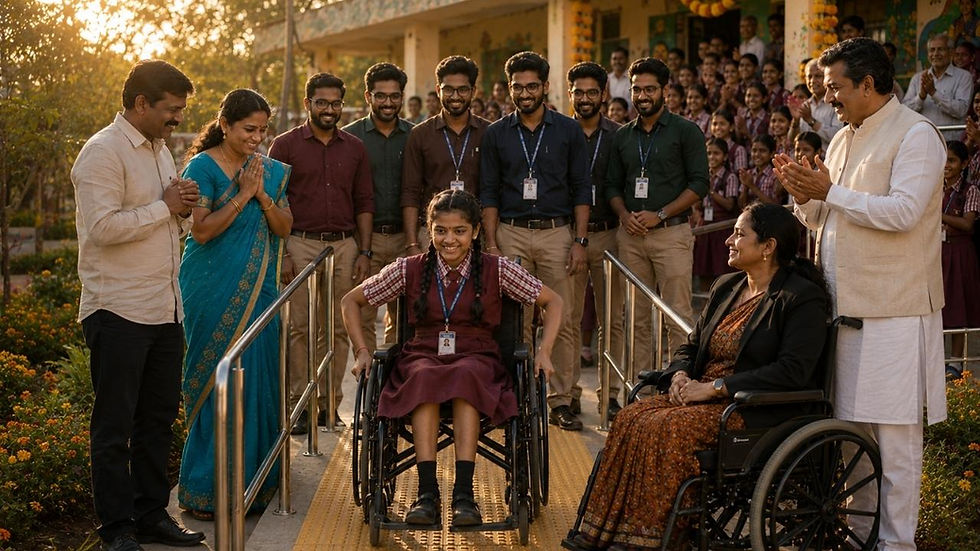 రాజమహేంద్రవరం ప్రభుత్వ పాఠశాలలో దివ్యాంగులకు అనుకూల సౌకర్యాలను ప్రారంభిస్తున్న మన్విత, భార్గవ మరియు స్పర్శ ఫౌండేషన్ బృందం