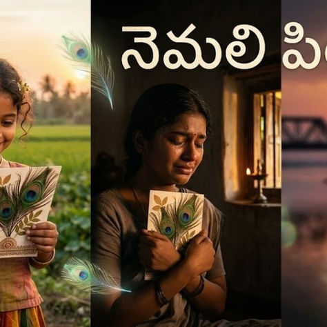 నెమలి పించాలతో చేసిన గ్రీటింగ్ కార్డును పట్టుకుని చిరునవ్వుతో నిలిచిన ఇద్దరు కాలేజీ స్నేహితురాళ్లు, స్నేహం మరియు జ్ఞాపకాలను ప్రతిబింబించే 'నెమలి పించం' కథ చిత్రం.