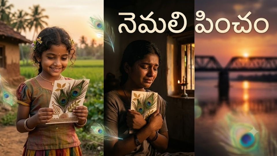 నెమలి పించాలతో చేసిన గ్రీటింగ్ కార్డును పట్టుకుని చిరునవ్వుతో నిలిచిన ఇద్దరు కాలేజీ స్నేహితురాళ్లు, స్నేహం మరియు జ్ఞాపకాలను ప్రతిబింబించే 'నెమలి పించం' కథ చిత్రం.