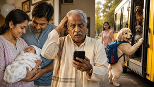 అమెరికాలో పెంపుడు కుక్క స్కూల్ బస్సు ఎక్కుతుండగా ఆశ్చర్యంగా చూస్తున్న తెలుగు వ్యక్తి – శిశుర్వేత్తి పశుర్వేత్తి హాస్యకథ