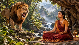తరిగొండ వెంగమాంబ పార్ట్ 5 — తుంబురు తీర్థం అడవిలో తపస్సు చేస్తున్న వెంగమాంబ, సమీపంలోని అడవి మృగం — భక్తి కథనానికి ప్రతీకాత్మక చిత్రం.