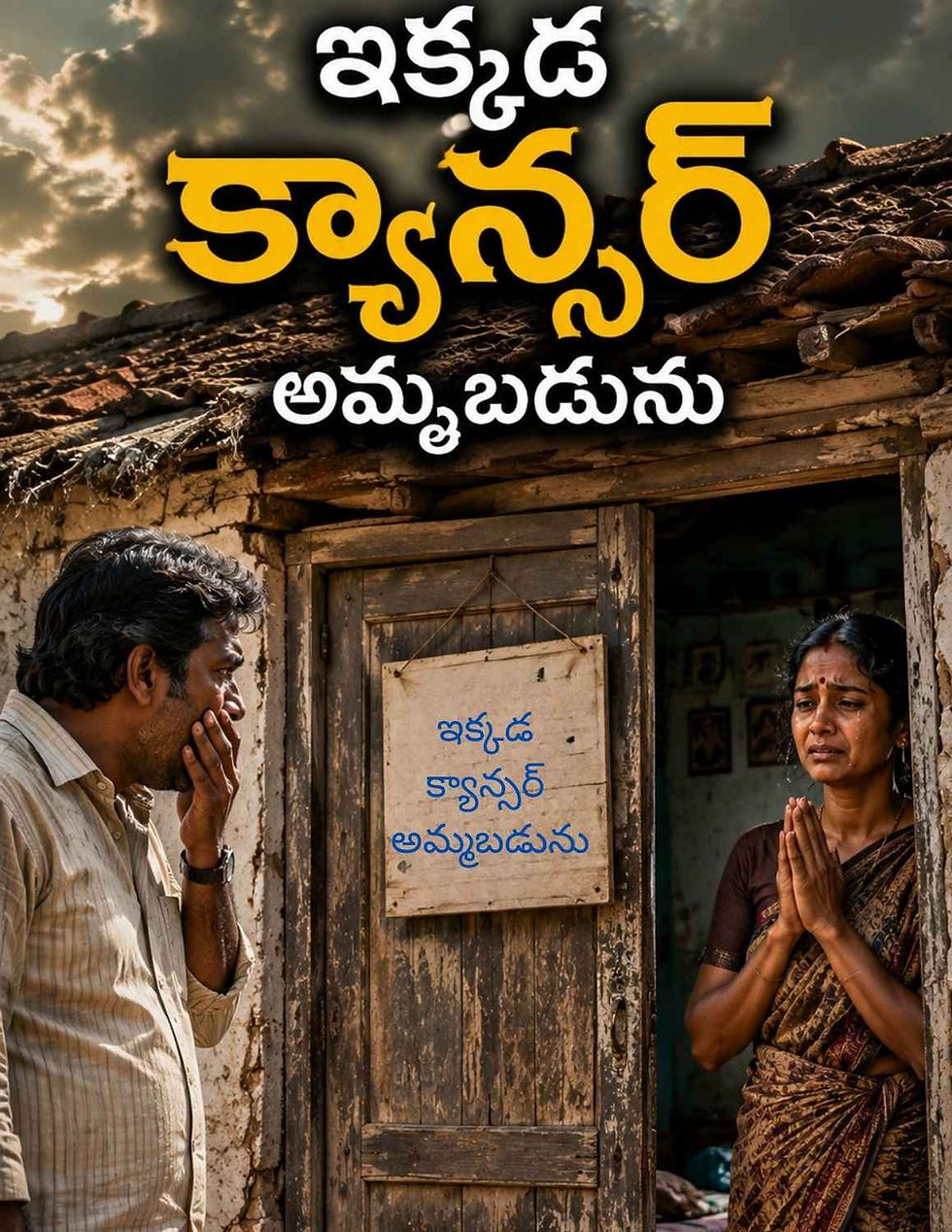 ఇంటి ముందు "ఇక్కడ క్యాన్సర్ అమ్మబడును" అనే బోర్డు,