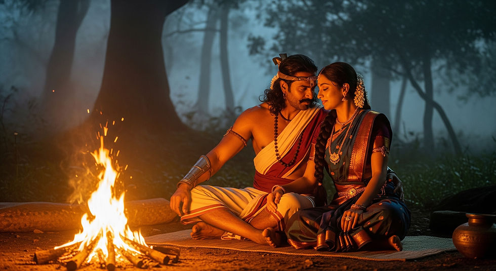 అరణ్యంలో మంట వెలుగులో కూర్చున్న కరికాల, యానై క్కట్చి