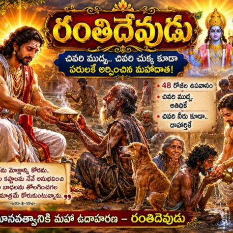 “తన చివరి ఆహారం, నీటిని ఆకలితో ఉన్న వారికి దానం చేస్తున్న మహాదాత రంతిదేవుడు”