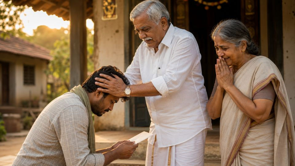 www.manatelugukathalu.com లో ప్రచురింపబడ్డ నిర్ణయం కథలో తండ్రి క్షమాపణ కోరుతూ గడప వద్ద నిలబడ్డ సుకుమార్‌ను హత్తుకుంటున్న కృష్ణమూర్తి గారు.
