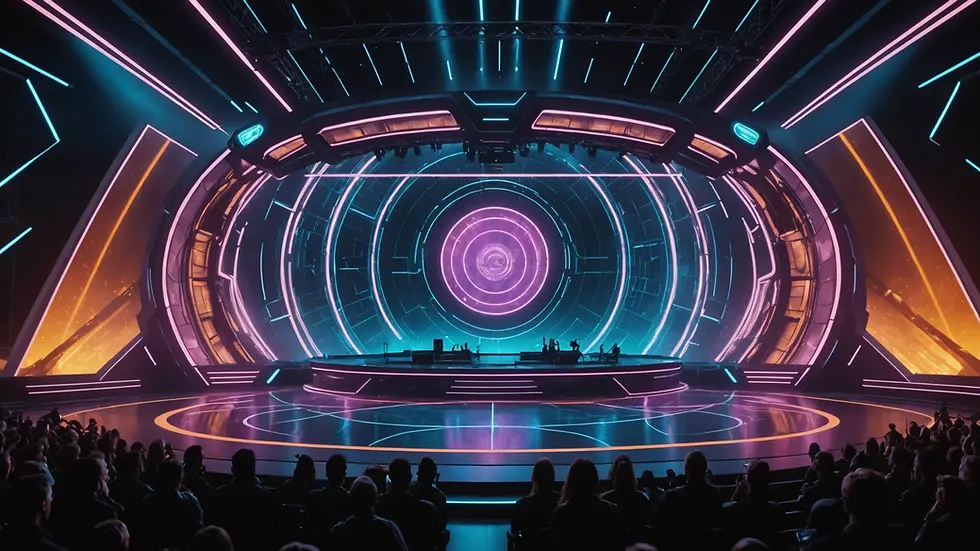 Close-up view of a futuristic music stage with visual effects