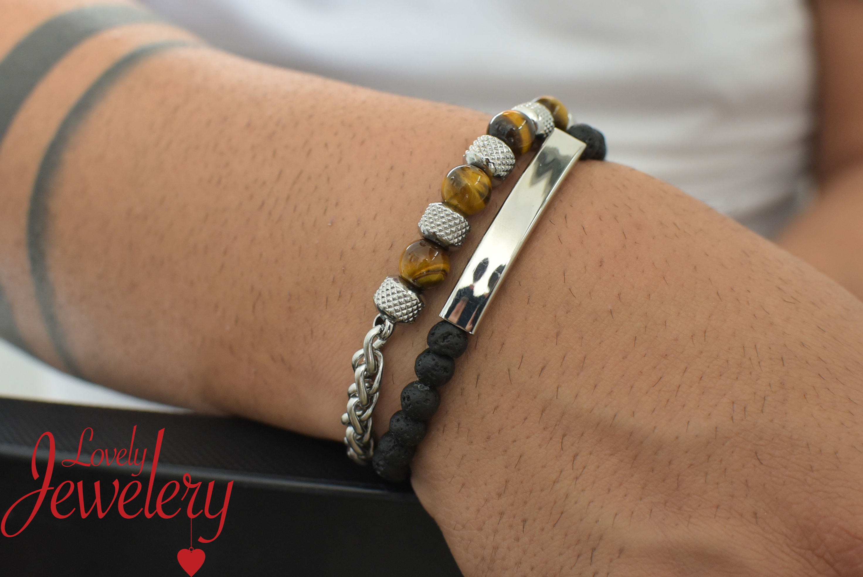 דאבל צמיד עין הנמר צהבהב חריטה אישית בעבודת יד