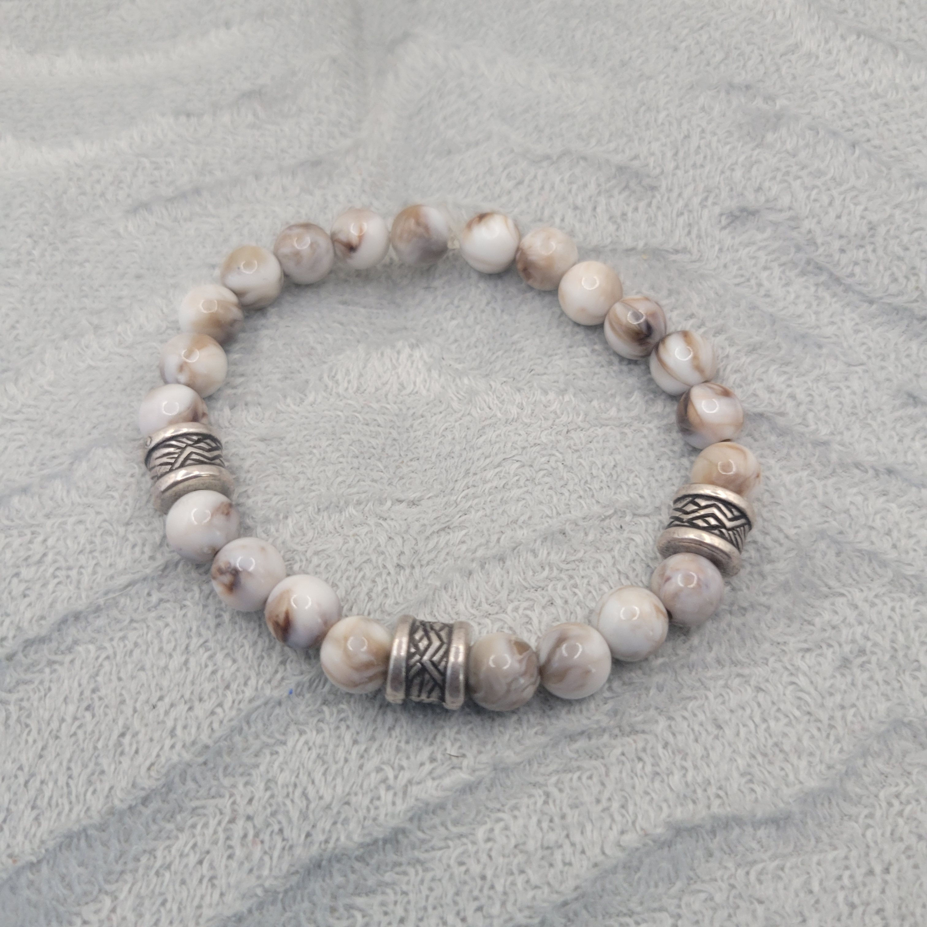Men's  Gray, White and Silver  Bead  Bracelet