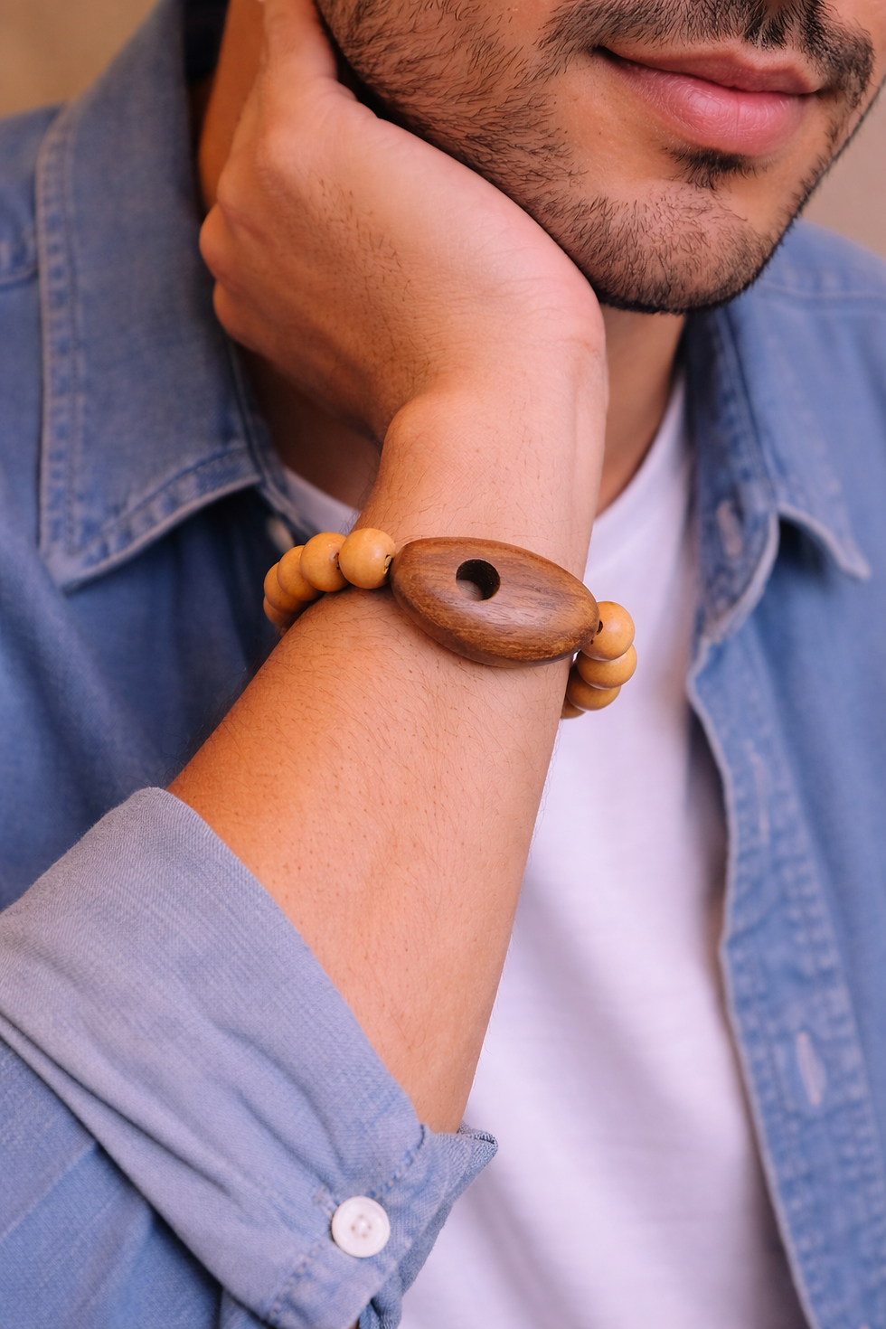 Thumbnail: Men's Blonde Wood Bead Bracelet