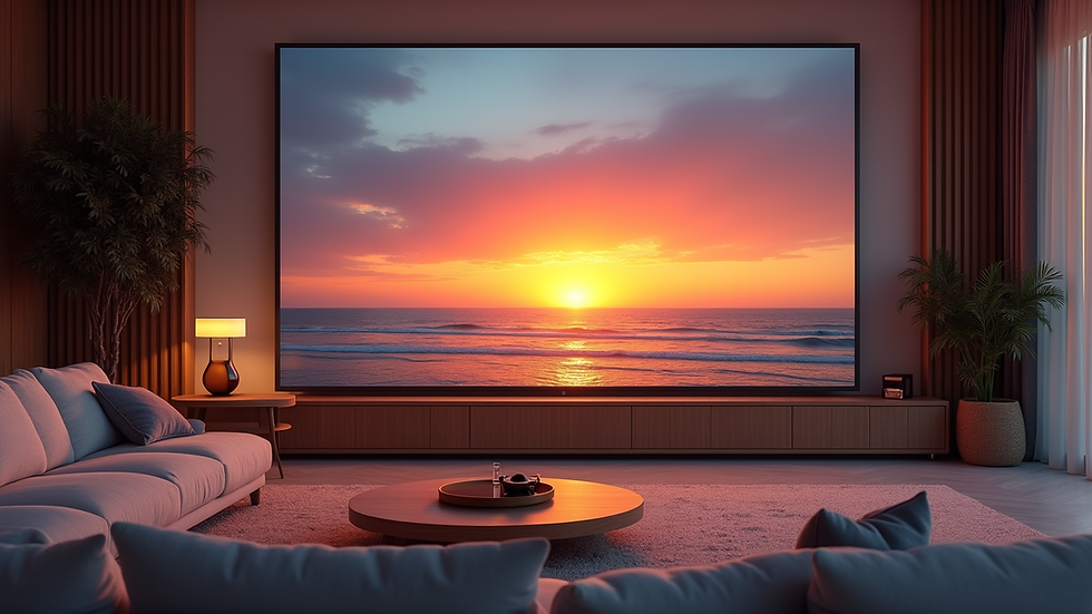 Eye-level view of a cozy living room with a large screen displaying a vibrant sunset over the ocean