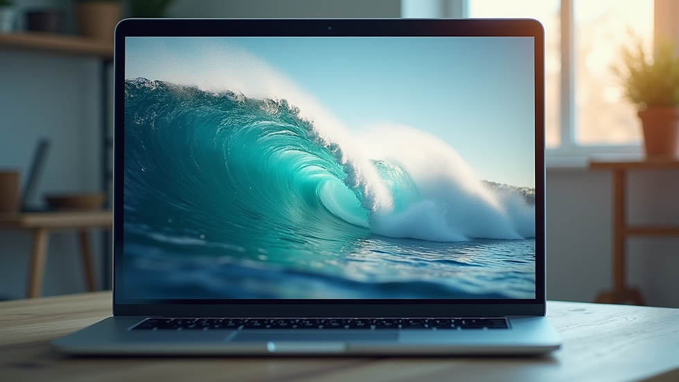 Close-up view of a laptop screen displaying a calm ocean wave 4K live wallpaper